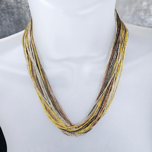 Statement Necklace Draping Multi Chain Chic Gold Silver Olive Copper Mixed Metal - Picture 6 of 8
